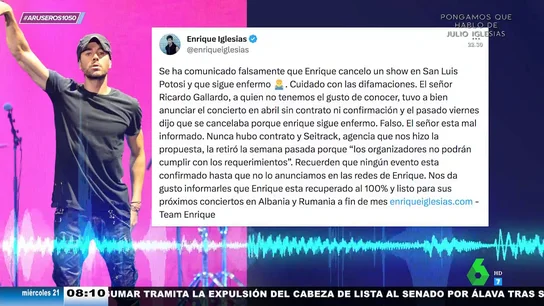 Enrique Iglesias desmiente haber cancelado su último concierto y afirma estar recuperado: "No había contrato" Enrique Iglesias desmiente haber cancelado su último concierto y afirma estar recuperado: "No había contrato"