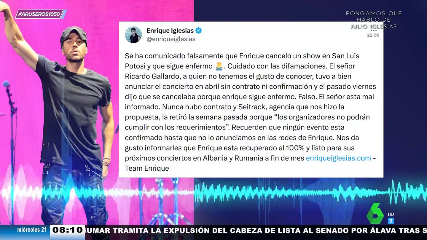 Enrique Iglesias desmiente haber cancelado su último concierto y afirma estar recuperado: "No había contrato" Enrique Iglesias desmiente haber cancelado su último concierto y afirma estar recuperado: "No había contrato"
