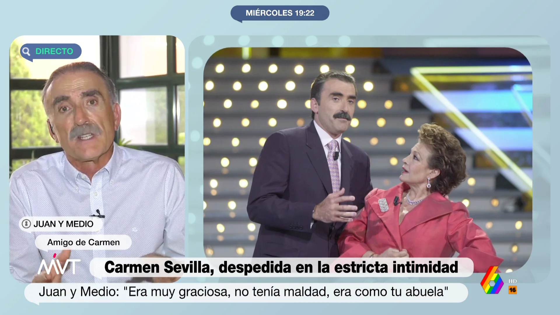 Juan y Medio, amigo y compañero durante muchos años de Carmen Sevilla, recuerda cómo era su relación dentro y fuera de los platós de televisión y comparte anécdotas divertidas. "Para mi es un día muy triste", afirma emocionado en este vídeo.