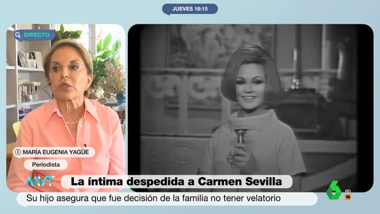 María Eugenia Yagüe sobre el funeral de Carmen Sevilla: "Incinerarla a las 10 de la noche como si fuera estas personas que fusilan" María Eugenia Yagüe sobre el funeral de Carmen Sevilla: "Incinerarla a las 10 de la noche como si fuera estas personas que fusilan"