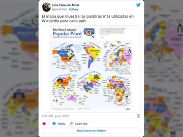 El mapa con las palabras más usadas en Wikipedia de cada país del mundo El mapa con las palabras más usadas en Wikipedia de cada país del mundo