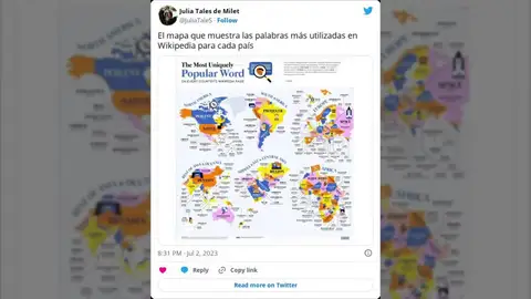 El mapa con las palabras más usadas en Wikipedia de cada país del mundo El mapa con las palabras más usadas en Wikipedia de cada país del mundo