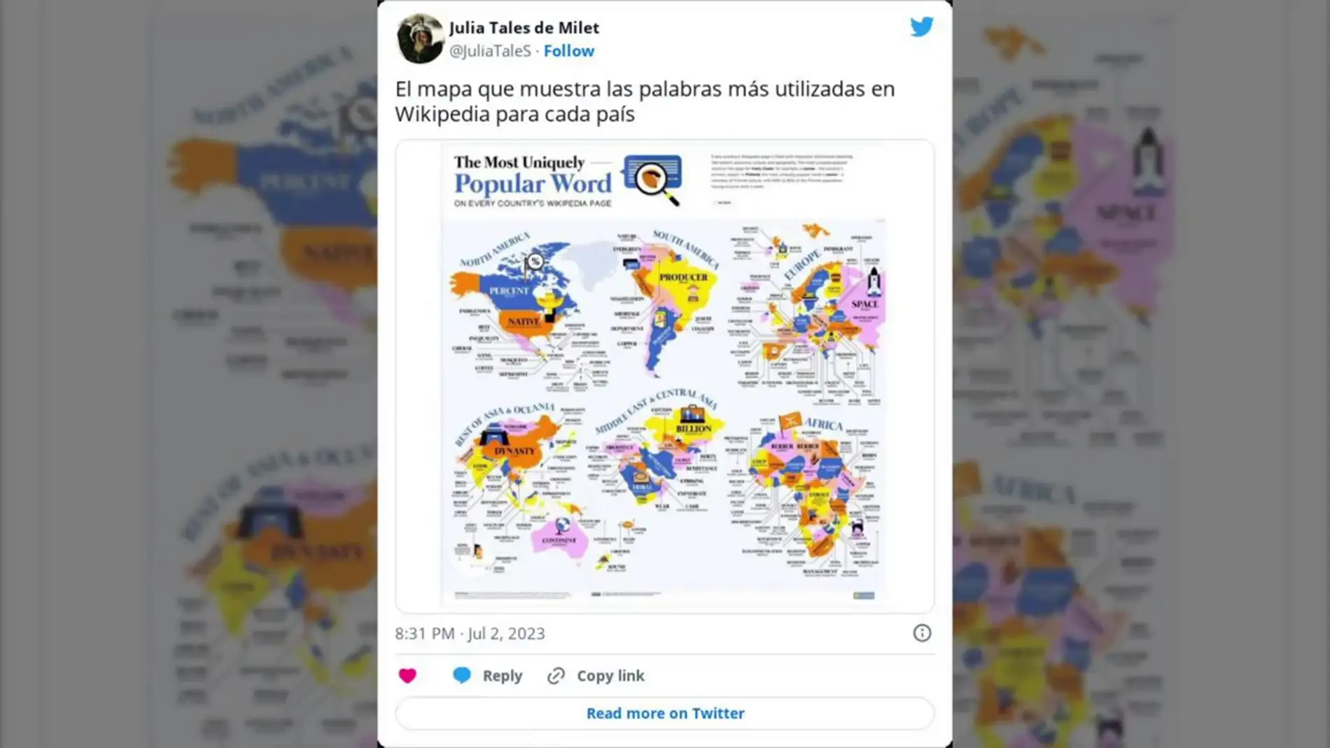 El mapa con las palabras más usadas en Wikipedia de cada país del mundo