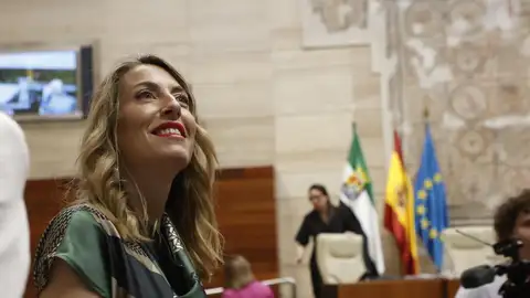 La candidata a la Presidencia de la Junta de Extremadura, María Guardiola, a su llegada al debate de su investidura