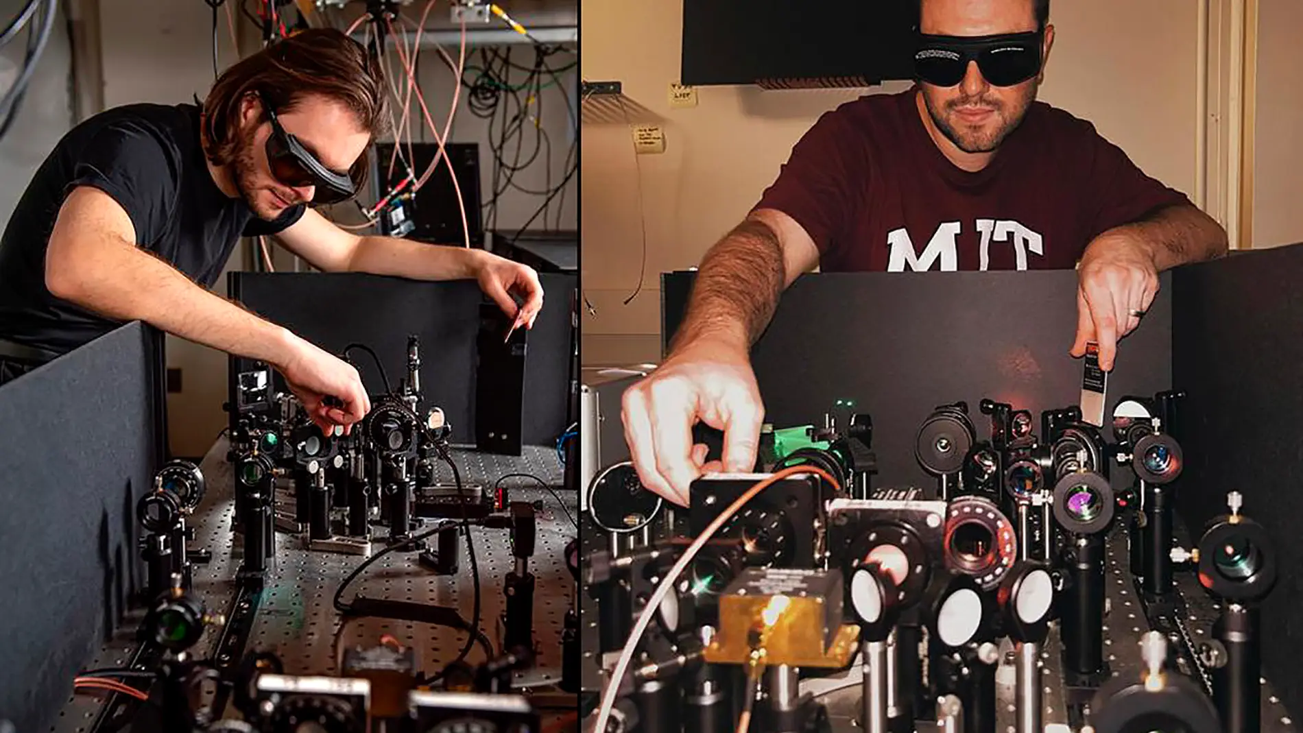 Los investigadores Charles Roques-Carmes y Yannick Salamin operando su sistema experimental en el MIT