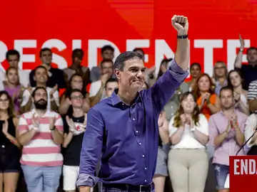 El presidente del Gobierno Pedro Sánchez, durante el acto central de campaña del PSC celebrado este domingo en el Palau de Congressos de Barcelona.