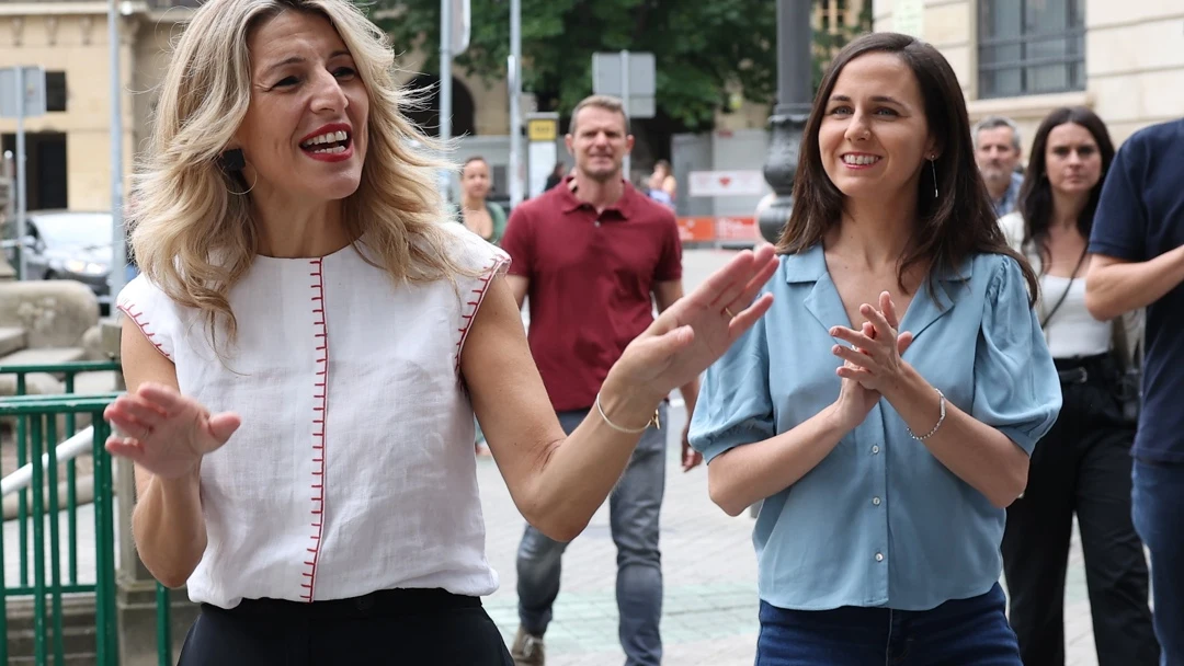 Yolanda Díaz y Ione Belarra, a su llegada al mitin conjunto en Pamplona/ EFE/Villar López