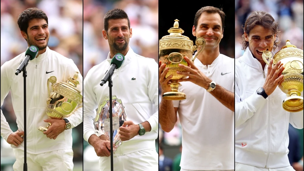 Carlos Alcaraz, Rafa Nadal, Novak Djokovic y Roger Federer