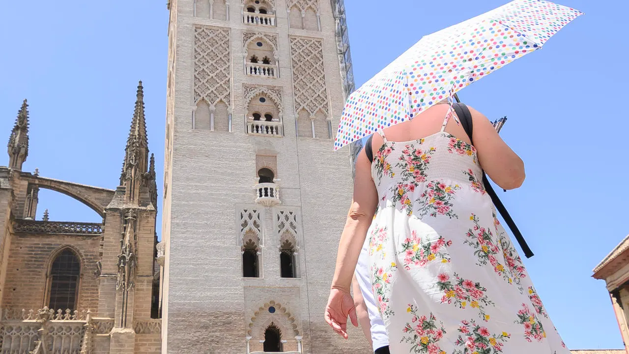 Una mujer pasea por los alrededores de la Catedral de Sevilla bajo su sombrilla para protegerse de las altas temperaturas Una mujer pasea por los alrededores de la Catedral de Sevilla bajo su sombrilla para protegerse de las altas temperaturas