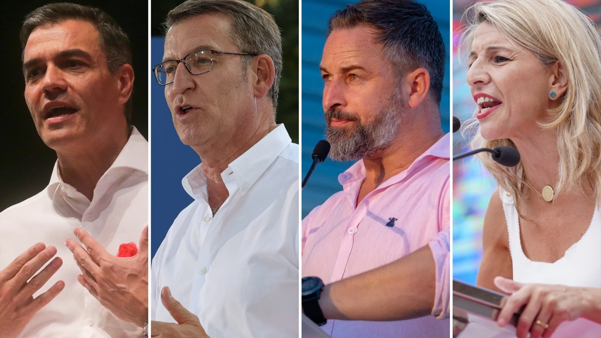 Pedro Sánchez (PSOE), Alberto Núñez Feijóo (PP), Santiago Abascal (Vox) y Yolanda Díaz (Sumar)