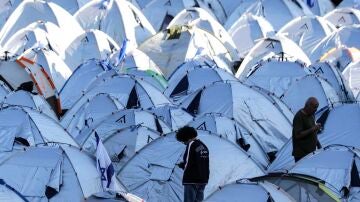 Campamento antigubernamental cerca de la Knéset israelí, en Jerusalén, en protesta por la reforma judicial