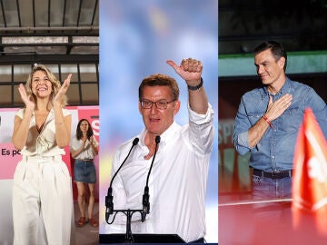 Los principales candidatos de las elecciones generales durante la celebración de los resultados en las sedes de los partidos