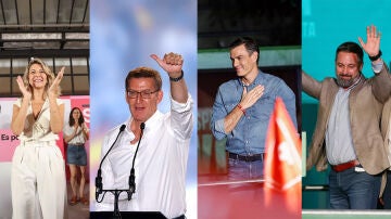 Los principales candidatos de las elecciones generales durante la celebración de los resultados en las sedes de los partidos