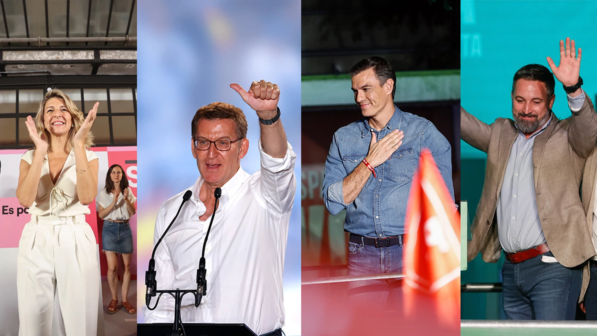 Los principales candidatos de las elecciones generales durante la celebración de los resultados en las sedes de los partidos