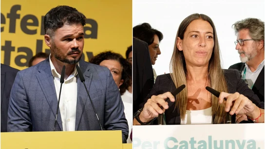 A la izquierda, Gabriel Rufián, portavoz de ERC; a la derecha, Miriam Nogueras, portavoz de JxCAT A la izquierda, Gabriel Rufián, portavoz de ERC; a la derecha, Miriam Nogueras, portavoz de JxCAT