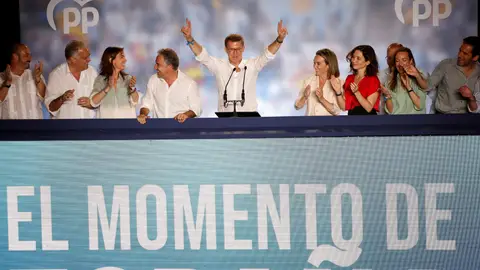 Feijóo, en el balcón de Génova junto a Ayuso y otros miembros del Partido Popular.