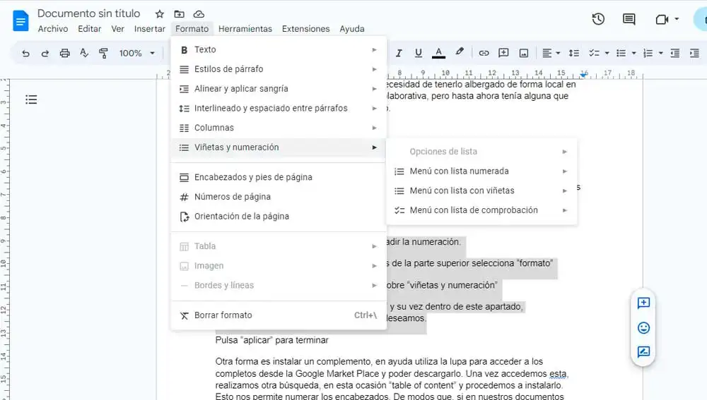 Añadiendo numeración a las línea en Google Docs