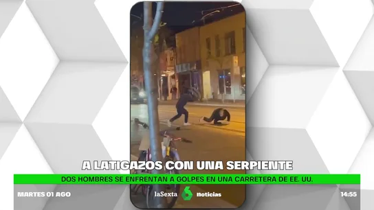Dos hombres se enfrentan a latigazos con una serpiente en una carretera de Estados Unidos Dos hombres se enfrentan a latigazos con una serpiente en una carretera de Estados Unidos