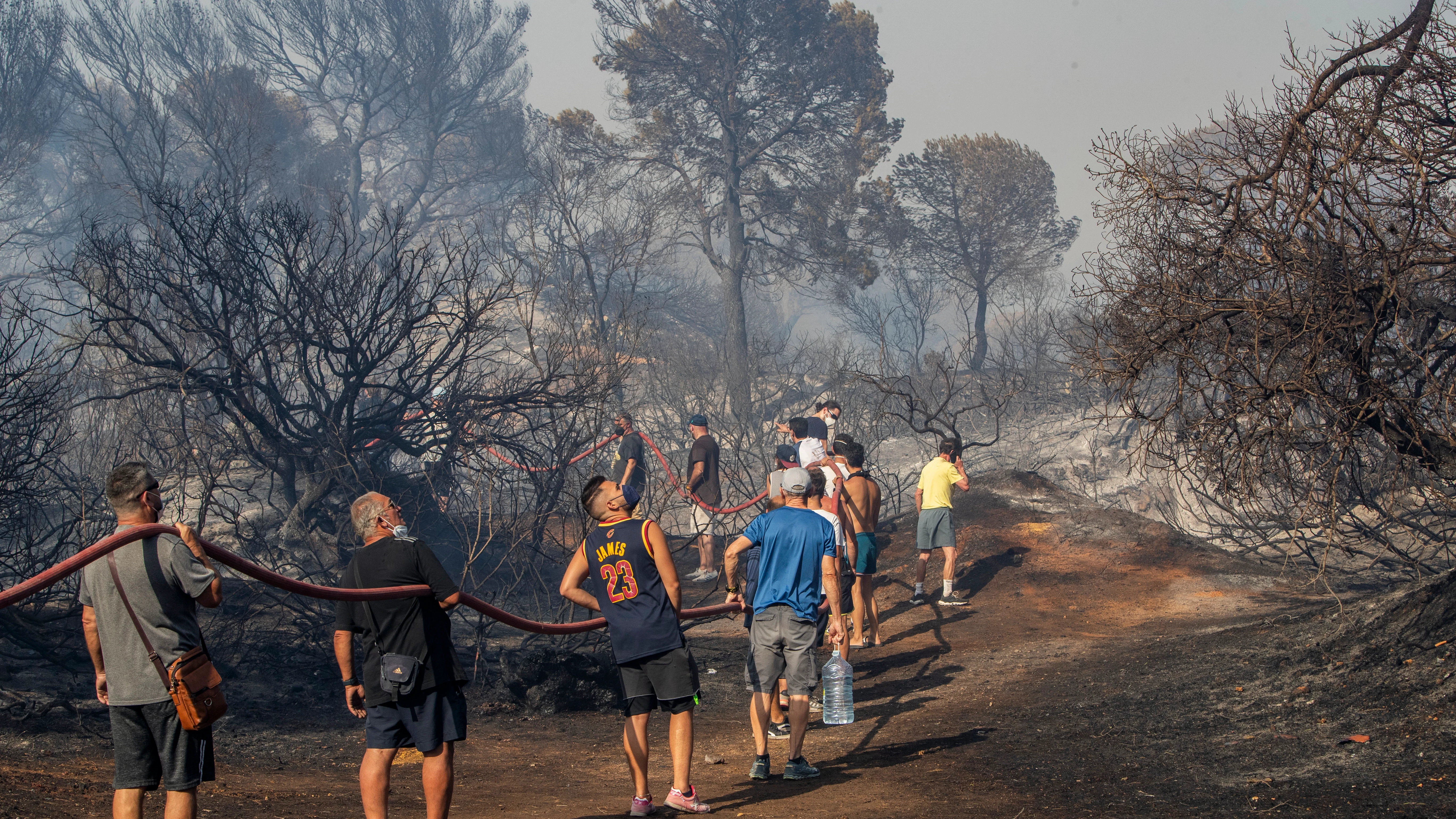 Vecinos y bomberos se afanan por apagar el incendio declarado esta tarde en el Paraje Natural de Las Canteras en Puerto Real (Cádiz).