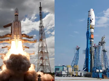 Lanzamiento del Chandrayaan 3 de India durante el pasado 14 de julio y módulo de aterrizaje lunar Luna-25 de Rusia preparado en su lanzador Lanzamiento del Chandrayaan 3 de India durante el pasado 14 de julio y módulo de aterrizaje lunar Luna-25 de Rusia preparado en su lanzador