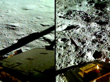 Imágenes anterior y posterior al salto que ha dado el 'aterrizador' indio en el suelo lunar