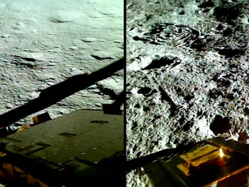 Imágenes anterior y posterior al salto que ha dado el 'aterrizador' indio en el suelo lunar Imágenes anterior y posterior al salto que ha dado el 'aterrizador' indio en el suelo lunar