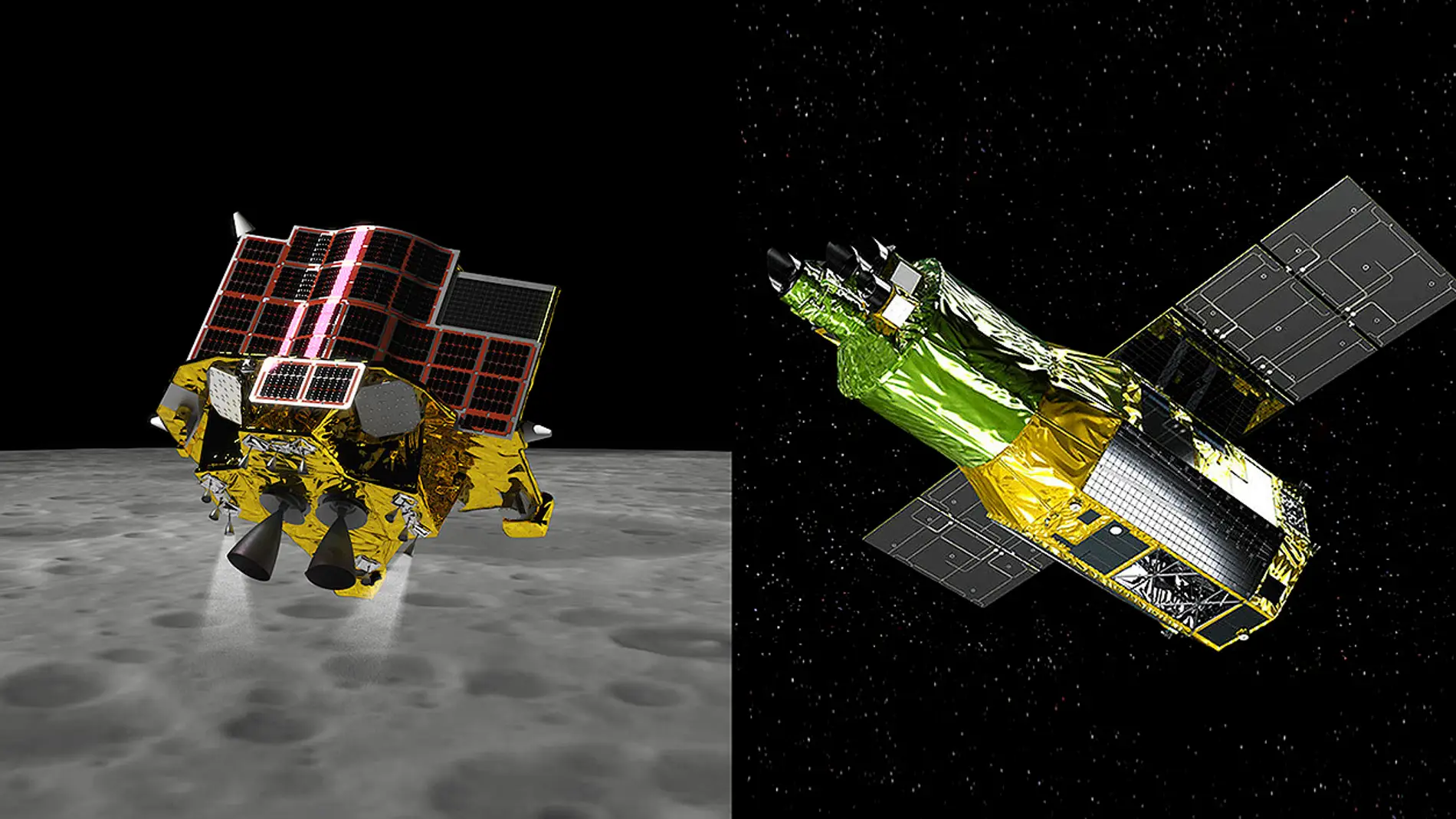 Ilustraciones del módulo lunar SLIM y el satélite XRISM