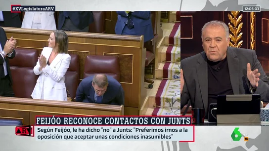 Ferreras, tajante sobre Feijóo: "No puedes criticar al Gobierno de España si estás hablando con Junts" Ferreras, tajante sobre Feijóo: "No puedes criticar al Gobierno de España si estás hablando con Junts"