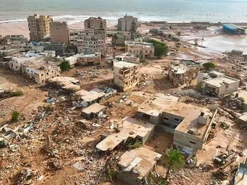 Vista aérea de la ciudad de Derna (Libia), tras el paso del ciclón Daniel Vista aérea de la ciudad de Derna (Libia), tras el paso del ciclón Daniel