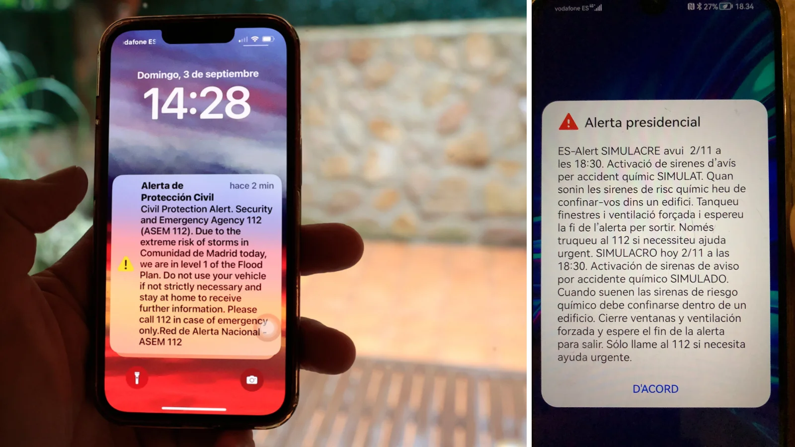 Dos mensajes de alerta de Protección Civil; uno real, y el otro, un simulacro