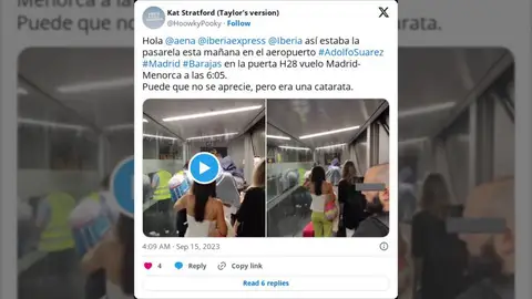 Unos pasajeros graban una "catarata" de agua en una pasarela del Aeropuerto de Madrid por la lluvia Unos pasajeros graban una "catarata" de agua en una pasarela del Aeropuerto de Madrid por la lluvia