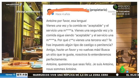 La respuesta del dueño de un restaurante a la reseña de un cliente que va por tercera vez: "¿Por qué coño vienes?" La respuesta del dueño de un restaurante a la reseña de un cliente que va por tercera vez: "¿Por qué coño vienes?"