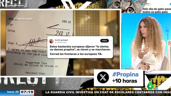 Angie Cárdenas, sobre la camarera de EEUU ofendida porque los europeos no dan propina: "Que le paguen el sueldo que corresponde" Angie Cárdenas, sobre la camarera de EEUU ofendida porque los europeos no dan propina: "Que le paguen el sueldo que corresponde"