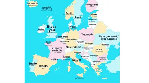 Mapa de Preply con las respuestas a los estornudos en Europa Mapa de Preply con las respuestas a los estornudos en Europa