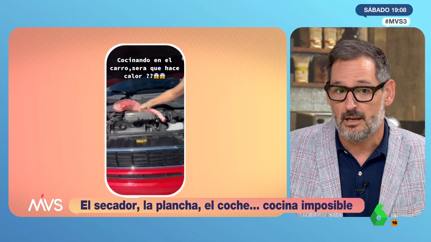 Eugeni Alemany, al ver el viral de una mujer que cocina un chuletón en el motor Eugeni Alemany, al ver el viral de una mujer que cocina un chuletón en el motor