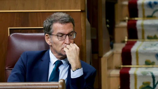 El líder del Partido Popular y candidato presidencial, Alberto Núñez Feijóo durante la segunda votación a su investidura, este viernes en el Congreso. Qué pasa ahora tras el fracaso de la investidura de Feijóo