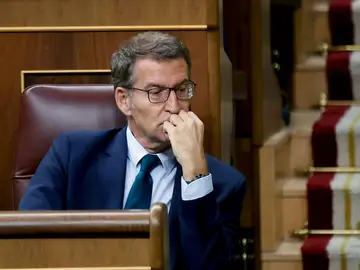 El líder del Partido Popular y candidato presidencial, Alberto Núñez Feijóo durante la segunda votación a su investidura, este viernes en el Congreso. 