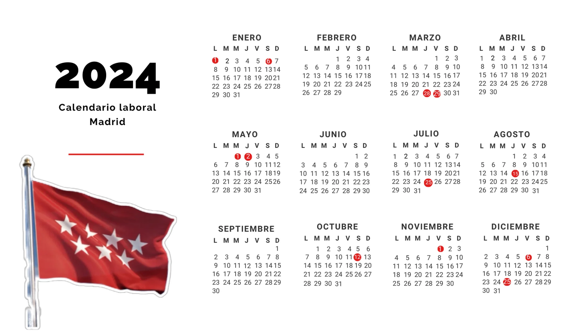 Calendario Laboral 2024 Madrid - Días festivos Comunidad de Madrid