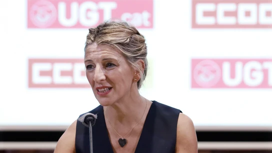Yolanda Díaz, durante la rueda de prensa ofrecida tras la reunión que ha mantenido con los secretarios generales de CCOO y UGT de Cataluña. Yolanda Díaz, durante la rueda de prensa ofrecida tras la reunión que ha mantenido con los secretarios generales de CCOO y UGT de Cataluña.