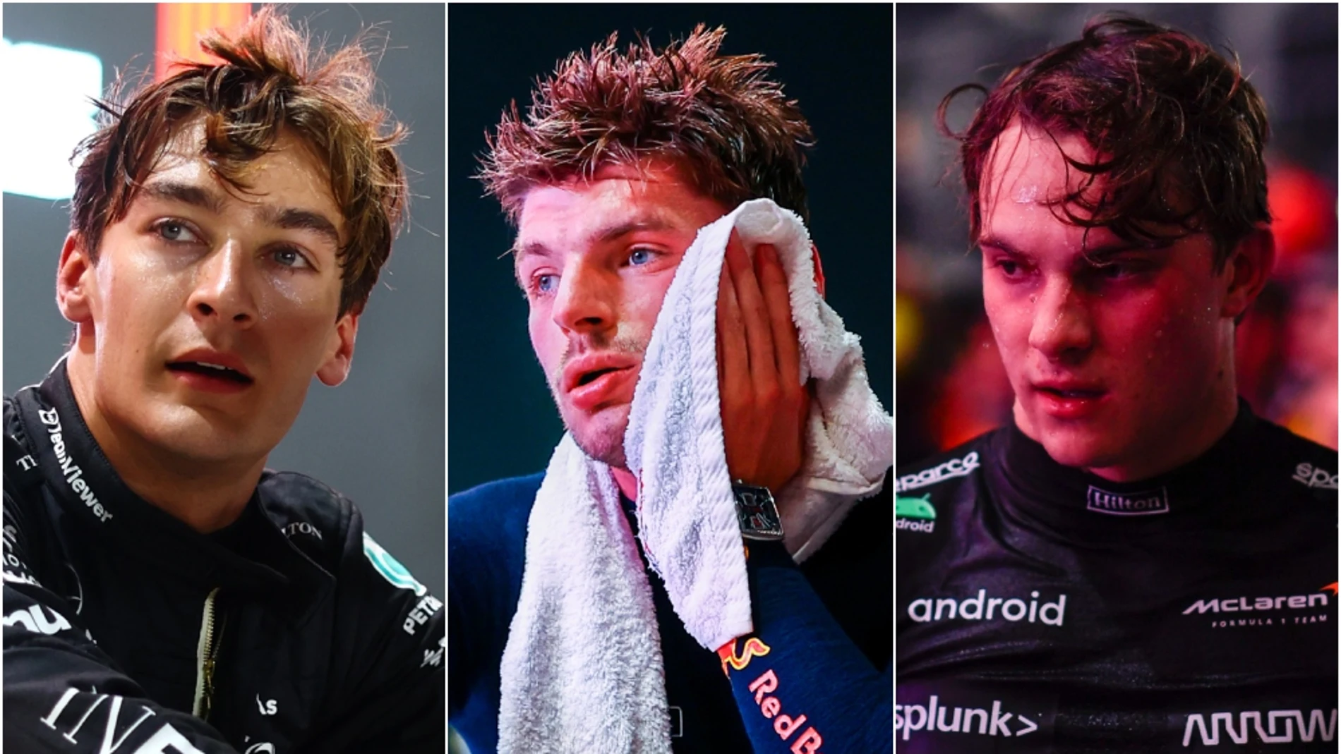 George Russell, Max Verstappen y Oscar Piastri