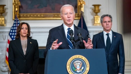El presidente estadounidense Joe Biden, junto con la vicepresidenta Kamala Harris y el secretario de Estado Antony Blinken. El presidente estadounidense Joe Biden, junto con la vicepresidenta Kamala Harris y el secretario de Estado Antony Blinken.