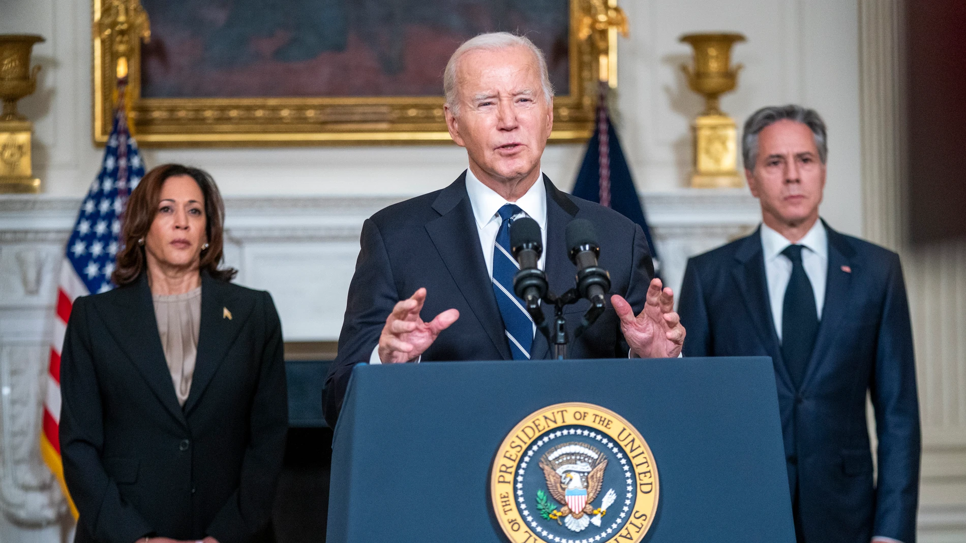 El presidente estadounidense Joe Biden, junto con la vicepresidenta Kamala Harris y el secretario de Estado Antony Blinken. 