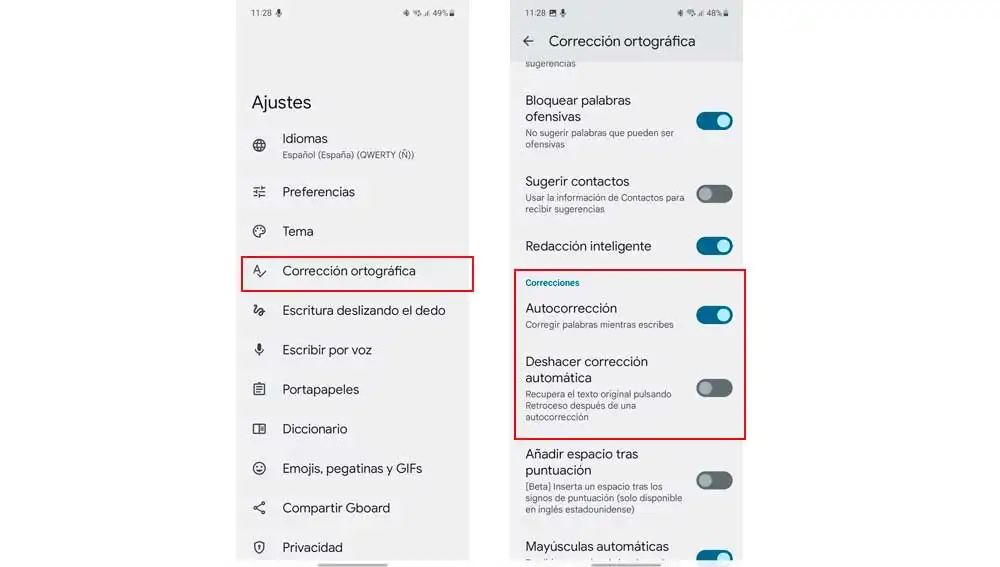 Desactivando la autocorrección en Gboard Desactivando la autocorrección en Gboard