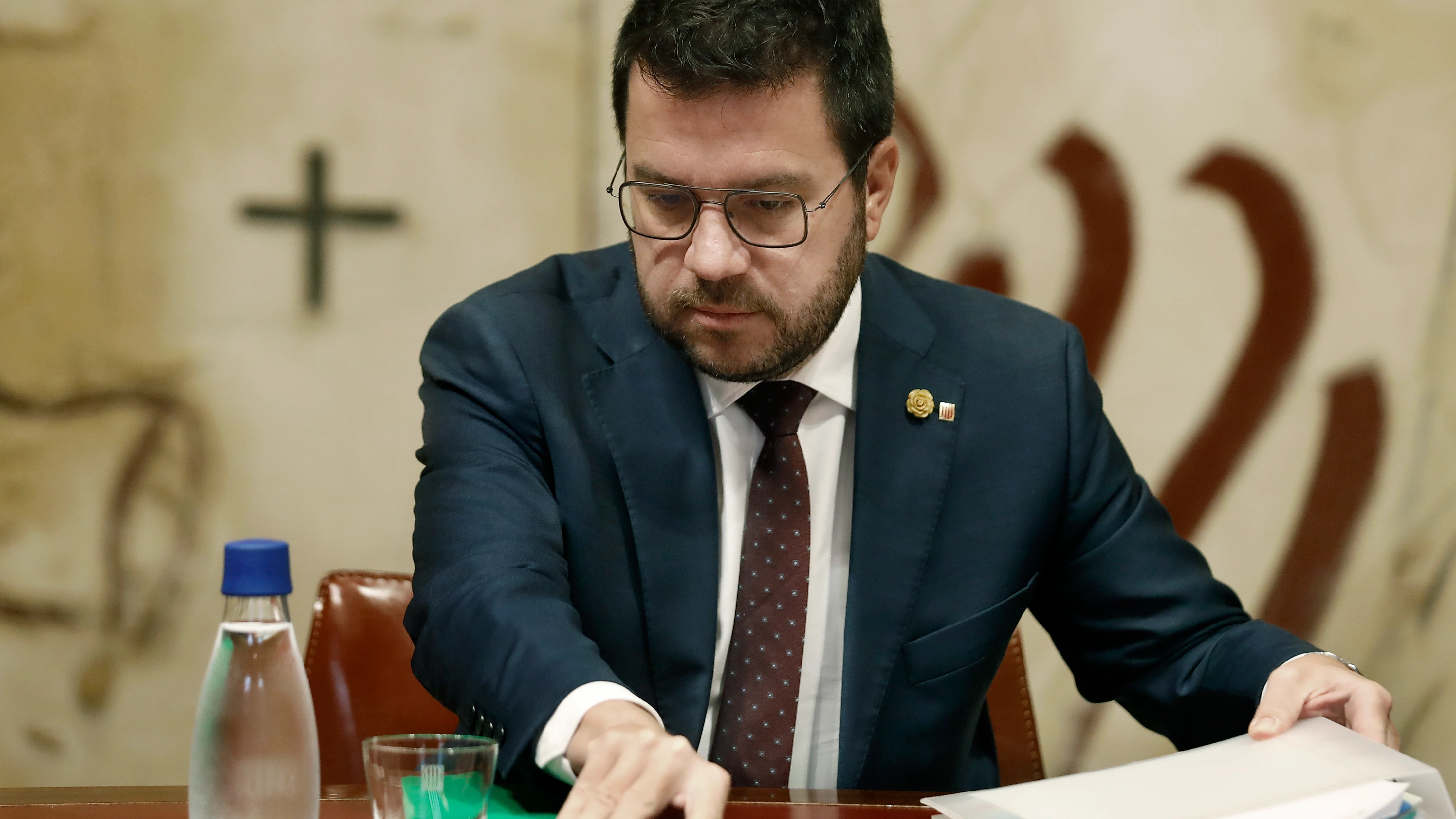 El presidente de la Generalitat, Pere Aragonès, durante la reunión semanal del Govern celebrada este martes