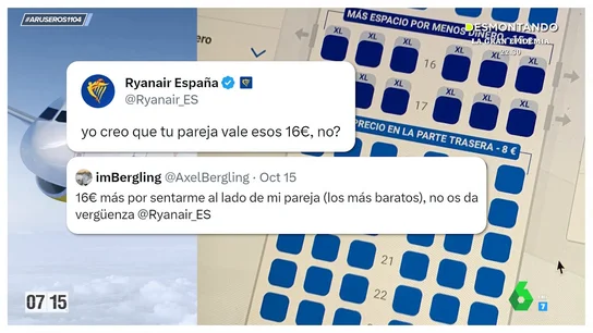 La divertida respuesta del CM de Ryanair a un chico que se queja por tener que pagar para sentarse junto a su pareja La divertida respuesta del CM de Ryanair a un chico que se queja por tener que pagar para sentarse junto a su pareja
