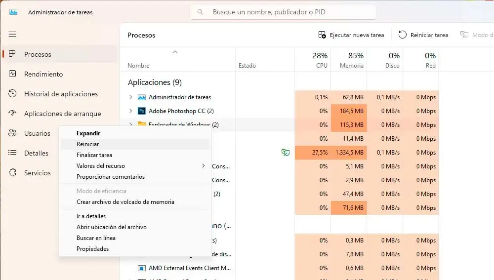Reiniciando el explorador de archivos Reiniciando el explorador de archivos