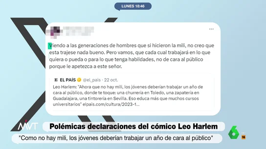 Leo Harlem siembra la polémica: "Ahora que no hay mili, los jóvenes deberían trabajar un año de cara al público" Leo Harlem siembra la polémica: "Ahora que no hay mili, los jóvenes deberían trabajar un año de cara al público"
