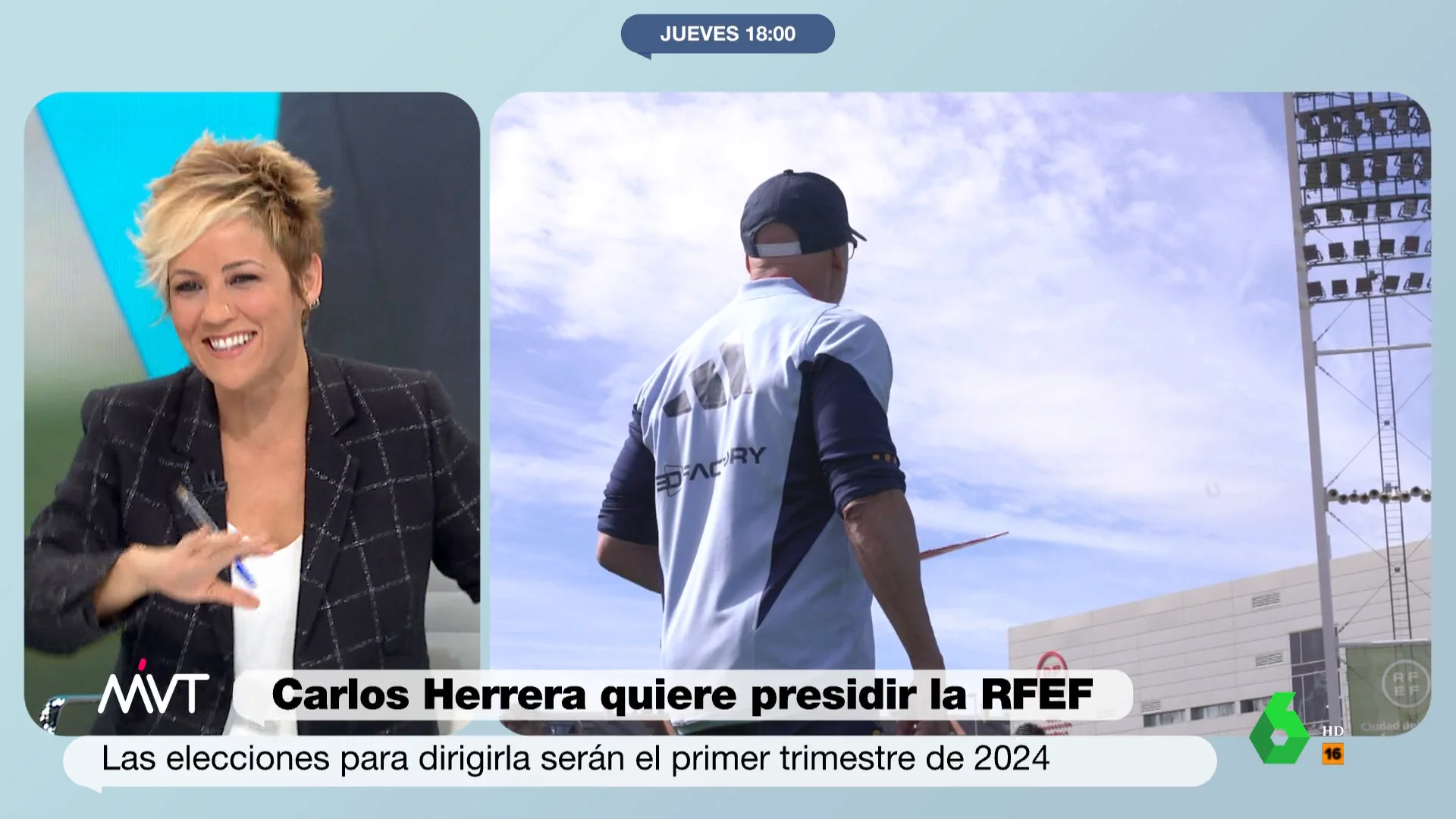 "La selección española no sé si tendría algún compromiso durante la Feria de Abril, Carlos no", bromea en este vídeo de Más Vale Tarde Cristina Pardo, que asegura que, en ese caso, si Herrera fuera presidente de la RFEF "delegaría en Roberto Gómez".