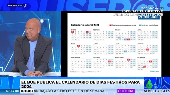 "¡Nos han robado!": la indignación de Alfonso Arús al conocer el calendario laboral de 2024 y los días festivos "¡Nos han robado!": la indignación de Alfonso Arús al conocer el calendario laboral de 2024 y los días festivos