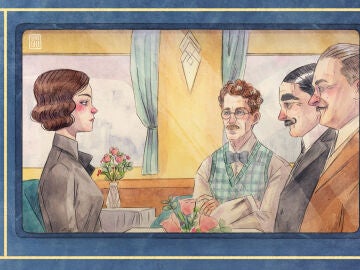 Los personajes Poirot, Debenham, Bouc y Constantine dibujados por Esther Gili.
